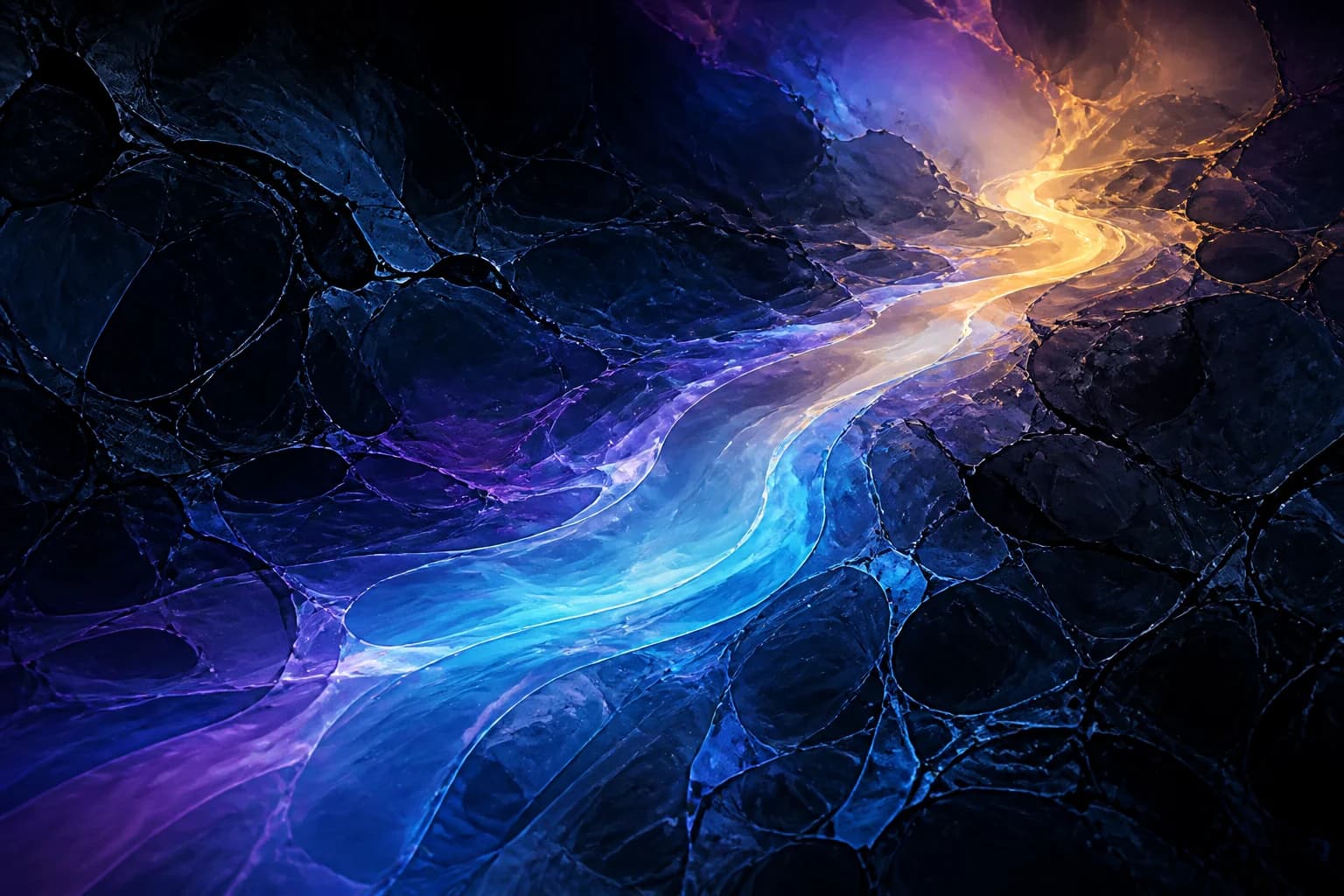 An iridescent river of light cutting through a dark tangled network