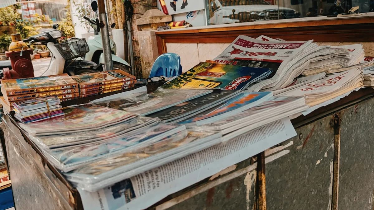 A street newsstand stacked with newspapers and magazines waiting for readers