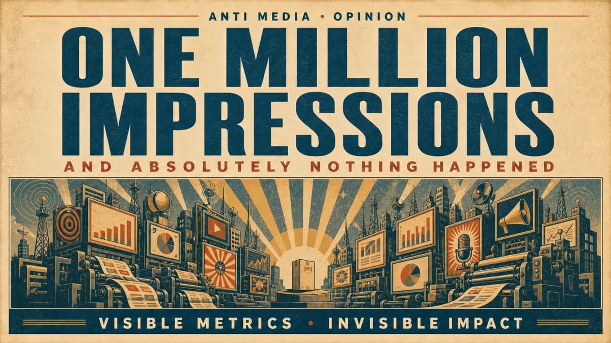 A vintage AntiMedia brochure showing a product surrounded by an enormous advertising media city