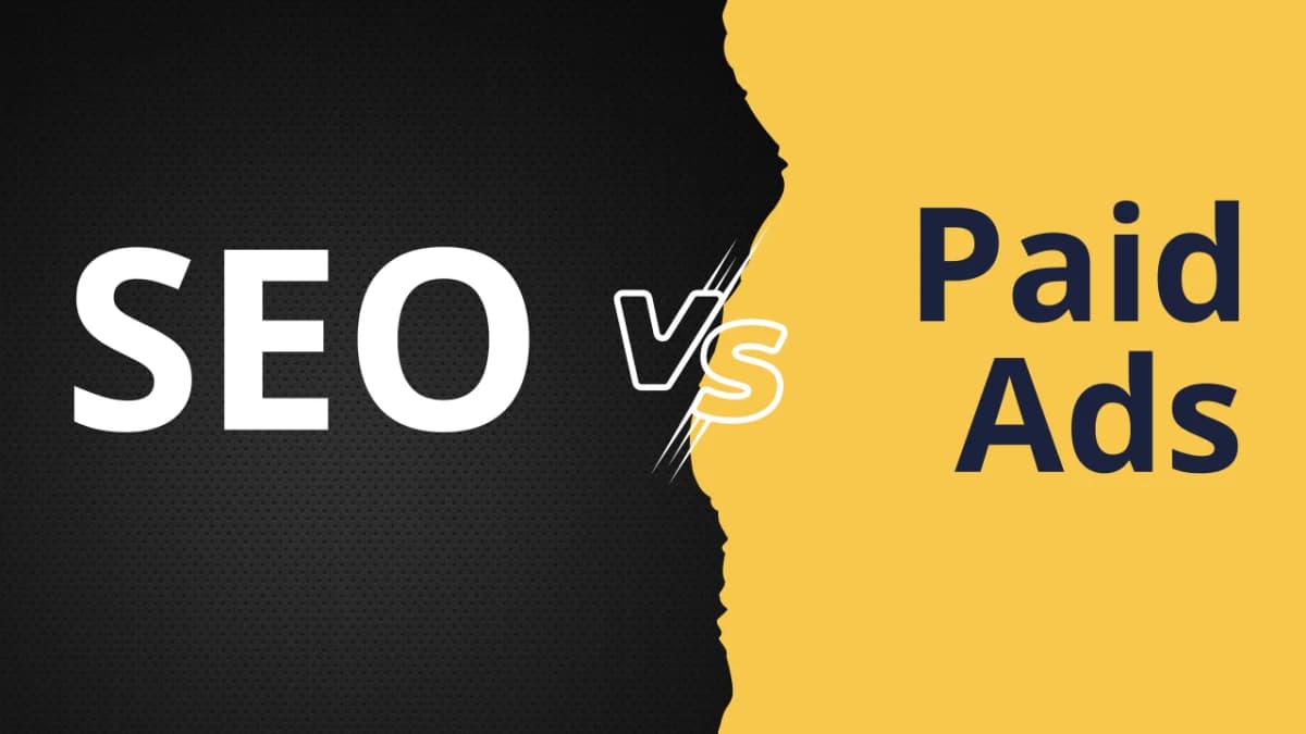 A split graphic reading SEO on a dark half and Paid Ads on a yellow half